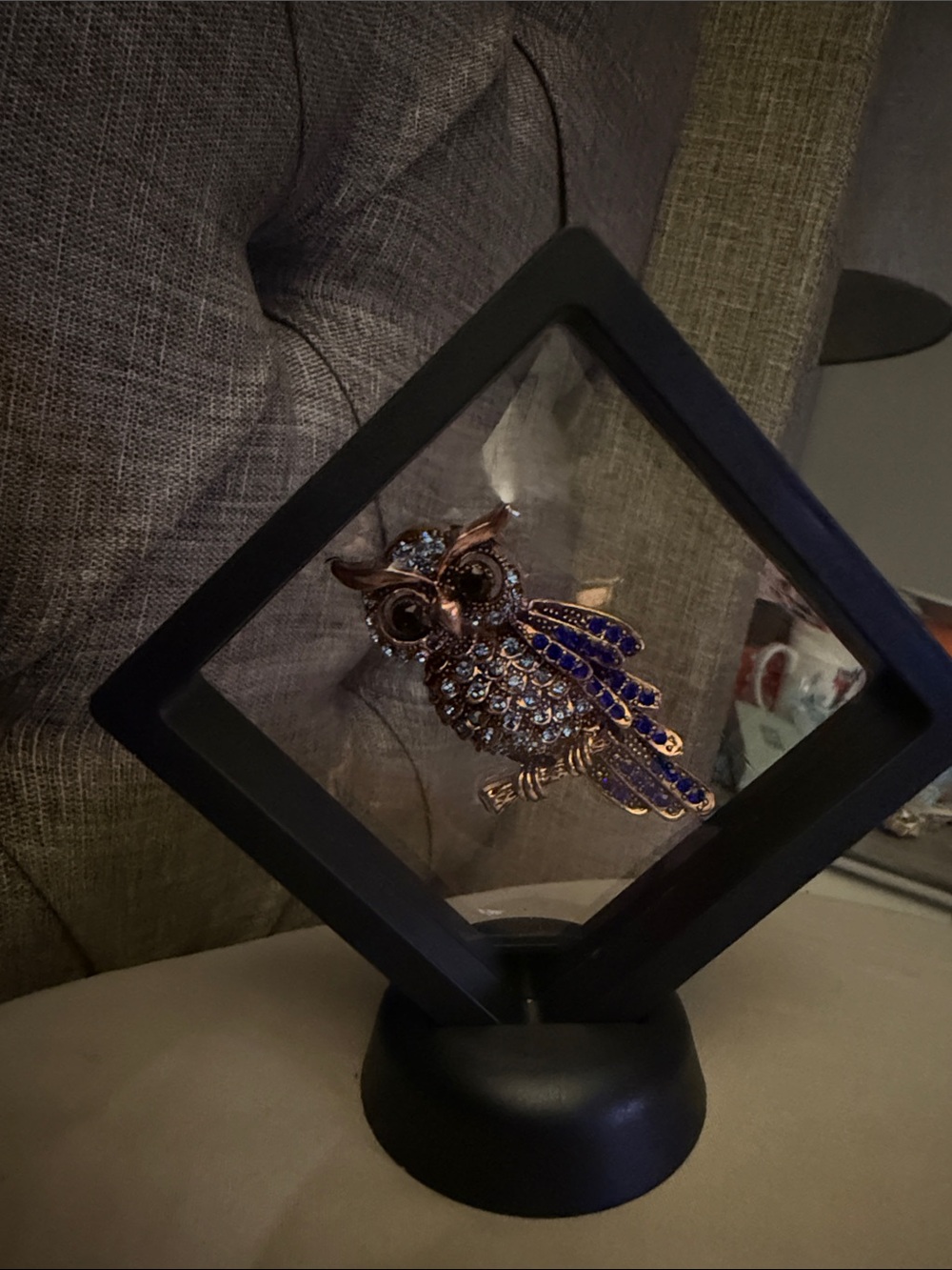 Rhinestone Owl Brooch with Blue Crystals - Picture 5 of 5